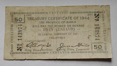 Billete refrendado de 50 centavos Iloilo Segunda Guerra Mundial guerrilla filipina 1944 Foto 1 de 2