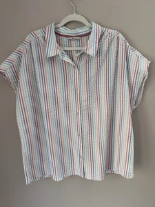 TU Womens Top Size 24 White Purple Pink Blue Stripe Cotton Jersey Button Up - Picture 1 of 9
