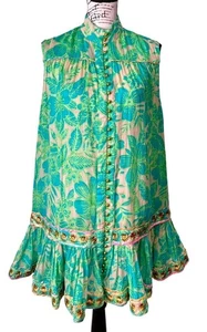 Miss June geblümtes ärmelloses Rüschenkleid grün beige goldfarbene Knöpfe Damen Einheitsgröße - Bild 1 von 7