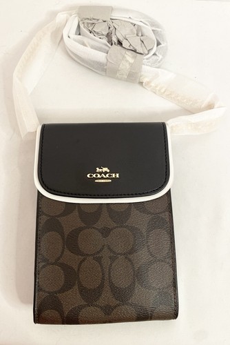 NUOVO telefono Coach tela firma mini tracolla marrone scuro logo nero catena oro