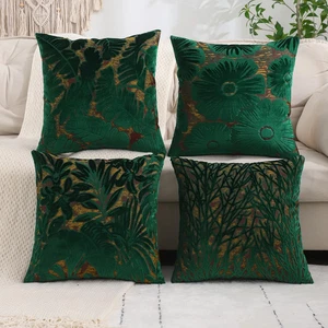 1 PC Jacquard Velvet Decoration Throw Pillow Cover Green Leaves Living Room - Picture 1 of 17