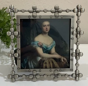 Vtg Elsal Square Metal Pewter Floral Clear Stone Picture Photo Frame 3.5” X 3.5” - Picture 1 of 7