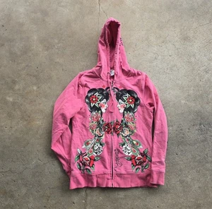 Vintage Y2k Ed Hardy Tattoo Art Ladies Rose Flower Full Zip Jacket Large Pink - Picture 1 of 4