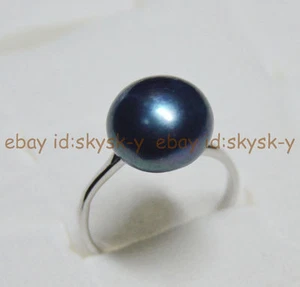 Huge 12-12.5mm Genuine Pearl Black Tahitian Natural Pearl Silver Opening Rings - Picture 1 of 6