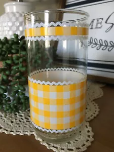 Libbey Country Gingham Glass Tumbler Yellow White Ric Rac 8oz. 1970's Retro Vtg. - Picture 1 of 2