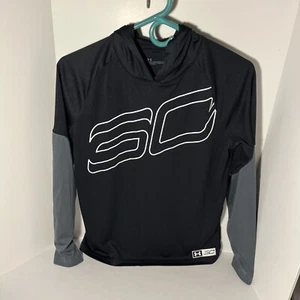 Boys Youth Large Under Armour  Heat Gear Long Sleeve Hooded Shirt Gray Black - Picture 1 of 7
