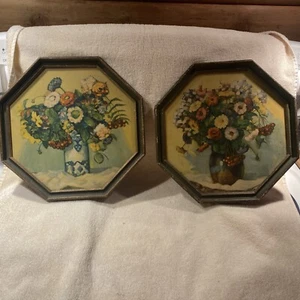2 Old Vintage Framed Octagon Shaped Floral Piicture Distressed And Beautiful! - Picture 1 of 19