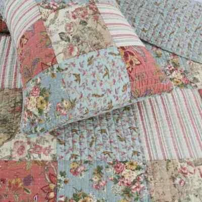 NEW! ~  COZY COTTAGE CHIC PINK BLUE WHITE PATCHWORK COUNTRY FARM SOFT QUILT SET - Image 1 of 3