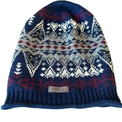 Gorro PENDLETON Mezcla Lana Gran Tamaño Invierno Tejido Sombrero Azul Marino Patrón Azteca Foto 1 de 4