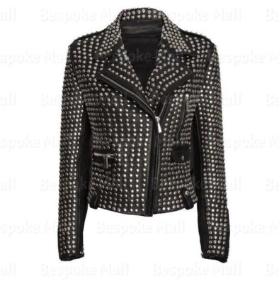 Nueva chaqueta de cuero para mujer estilo Brando plateada con tachuelas remaches punk motocicleta-844 Foto 1 de 4