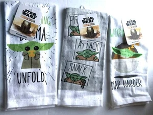 Star Wars Mandalorian Grogu Baby Yoda Kitchen Towels Set Of 3 15x25 Inches Cotto - Picture 1 of 5
