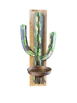 Candelabro de madera y metal galvanizado estilo rústico pintado cactus decoración Foto 1 de 4
