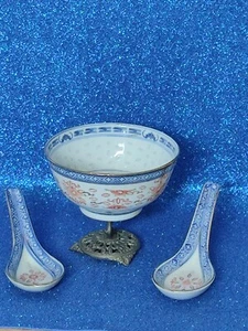 Stehschale, orientalisches Porzellan mit 2 Löffeln und Metallsockel, perfekt - Bild 1 von 10