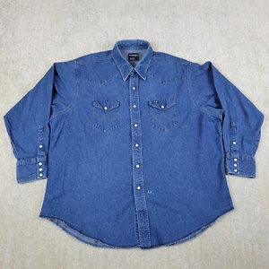 Vintage Wrangler Western Denim Shirt Mens 2XL 19-35 Big Blue Pearl Snap USA - Picture 1 of 10