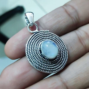 Pietra di luna arcobaleno pietra preziosa argento sterling 925 ciondolo di... - Foto 1 di 8
