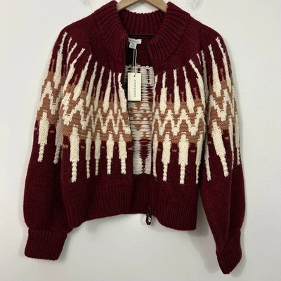Sundance Fair Isle Full Zip Chunky Knit Sweater Burgundy Size M - Image 1 of 4