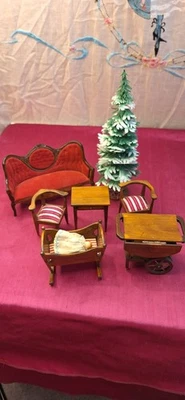 Antique Style Victorian Doll House Furniture Fold Out Table & Desk Baby Cradle - Image 1 of 4