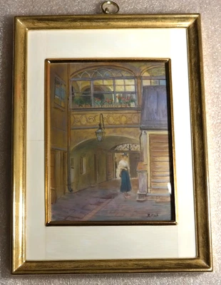 R. Moch Lupenmalerei Bild Gemälde Strasseansicht"Spaziergang"Unikat 14 x 19 cm - Bild 1 von 4