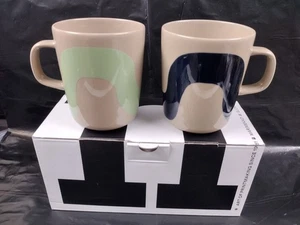 Pair of Marimekko Oiva Seireeni Terra Dark Blue & Mint Mugs Cups - Picture 1 of 4