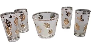 MCM glasses Libbey Golden Foliage frosted Tumblers & Ice Bucket set of 5 pieces - Picture 1 of 17