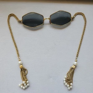 Vtg 60s RARE Octagon Gold Metel Sunglasses Chain Temple Pearl Fringe Earrings - Picture 1 of 16
