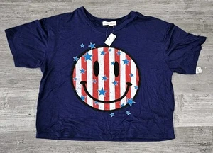 Navy Crop Top Smiley Face Red White Stripes Blue Stars Ladies S Moa Moa July 4th - Picture 1 of 7