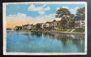 Szene am Wesley Lake Ocean Grove New Jersey NJ Postkarte Häuser am Wasser 1930 - Bild 1 von 2