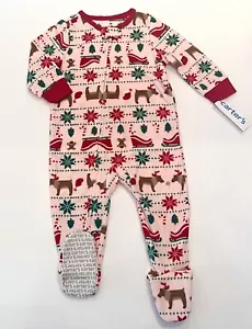 Carters Baby Girl Christmas Footed Pajamas 12 Months Fleece Sleep N Play Cute - Picture 1 of 2
