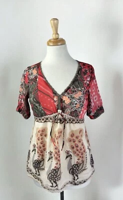 Blusa Top Paisley Transparente Corbata Frontal Pavo Real Boho Hippie Hada Artística Verano Aireada Foto 1 de 4