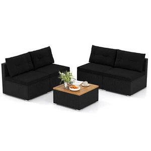 5 Piece Outdoor Furniture Set w/ Seat & Back Cushions Acacia Wood Tabletop - Picture 1 of 10