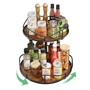 Lazy Susan Organizer Turntable Spice Rack - 2 Tier Wood Rotating Lazy Susan f... - Picture 1 of 7