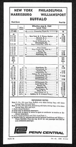 Penn Central NY Philadelphia Harrisburg Williamsport Buffalo 6/2 1969 Time Table - Picture 1 of 2