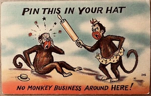 Monkey Fights with Rolling Pin Comic Humor Vintage Postcard c1940 - Picture 1 of 6