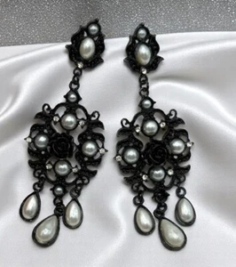 Black Rose Chandelier Dangle Earrings Faux Pearls Rhinestones Victorian Inspired - Picture 1 of 6