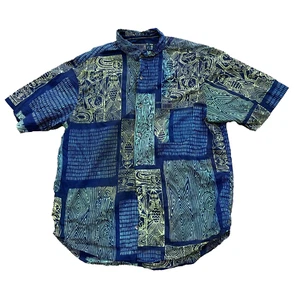 SIDEOUT VTG 90s Shirt Men L Abstract Neon Blue Yellow Green Tribal Fish Made USA - Picture 1 of 23