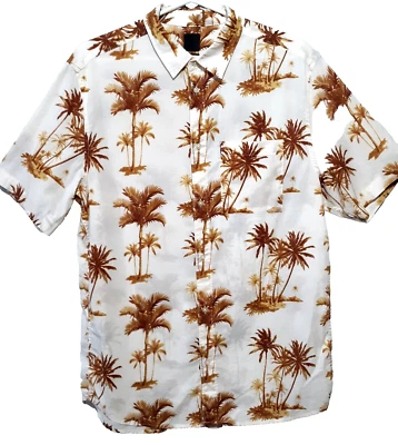 H&M Hawaiian Shirt Men's Size Medium Cream/Brownish Palm Trees Cotton Great Cond - Image 1 of 4