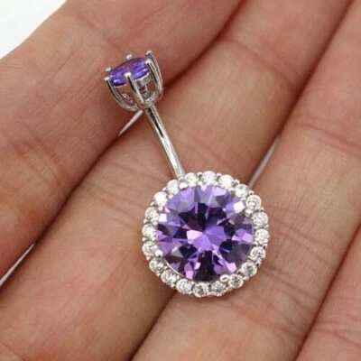 Anillo redondo de ombligo de diamantes de amatista creado en laboratorio de 2 quilates acabado en oro blanco de 14 quilates Foto 1 de 4