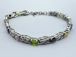 Beautiful Vintage Sterling Silver & Harlequin Multi Gemstone Tennis Bracelet - Picture 1 of 10