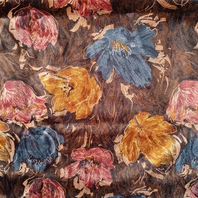 Vintage 70s Velour Upholstery Fabric 10 YD Brown Floral Watercolor MCM Velvet - Image 1 of 4