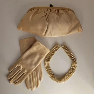 Vintage 1950s Collar Necklace Faux Pearl, Gloves, Handbag Satin Pink Beige - Picture 1 of 10