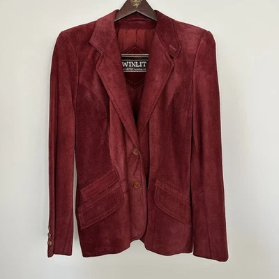 Blazer Winlit Vintage Mujer 14 Borgoña Rojo Gamuza Cuero Chaqueta Clásica Años 90 Foto 1 de 4
