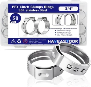 50PCS 3/4inch PEX Cinch Crimp Clamp Rings 304 Stainless 3/4, Silver  - Picture 1 of 6