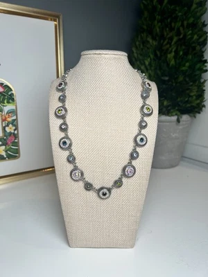 Lia Sophia Silver Colorful Crystal Medallion Necklace 17” 3”Vintage Boho Sparkle - Image 1 of 4