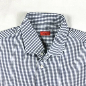 Isaia Napoli Mens Dress Shirt 18 45 Gingham Check Cotton Italy Spread Collar - Picture 1 of 11