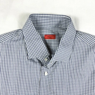 Isaia Napoli Mens Dress Shirt 18 45 Gingham Check Cotton Italy Spread Collar - Image 1 of 4