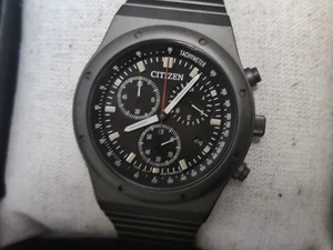 CITIZEN 1984 Re-Issue Record Label BLACK Chronograph SOLAR Eco-Drive AT2558-51E - Picture 1 of 5