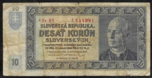 Slovakia 10 Korun 1939 P4 F Not Perforated series Sr 83 244091 - Picture 1 of 3