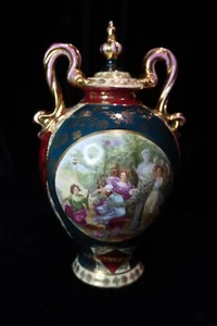 GLAUBT 19. JAHRHUNDERT KÖNIGLICHE WIEN URNE VASE DECKEL VIKTORIANISCHE SZENE GOLD VERGOLDET - Bild 1 von 14