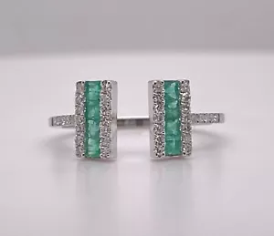 14K White Gold 0.52ctw Emerald & Round Diamond Adjustable Open Ring - Picture 1 of 9