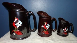 3 HAHN HUHN Küche Krug Set TEIG SIRUP MILCHSAFT braune Glasur 50er Jahre - Bild 1 von 9
